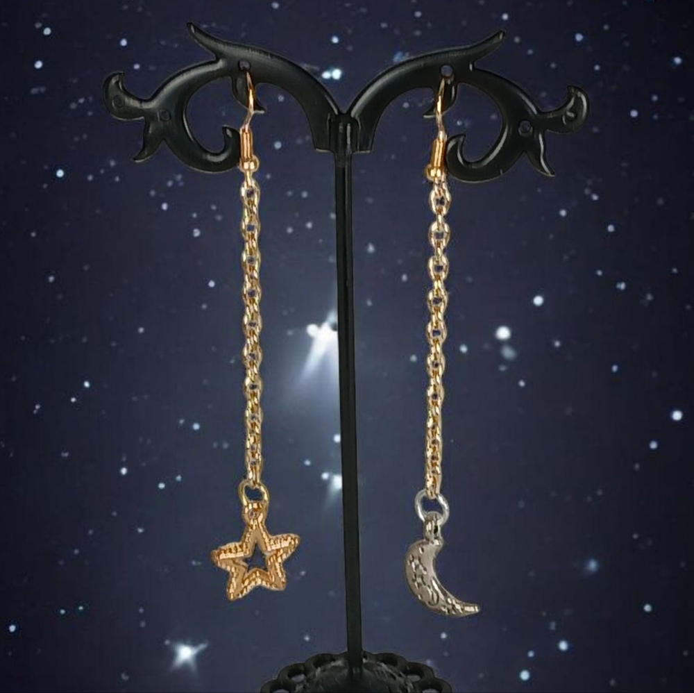 Mixed Metal Mismatched Earrings Chain Drop Moon and Star Charms Cosmic Mod 1960s